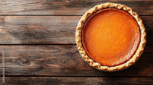 Baked pumpkin pie on wooden table. Homemade thanksgiving pie. top view. copy space