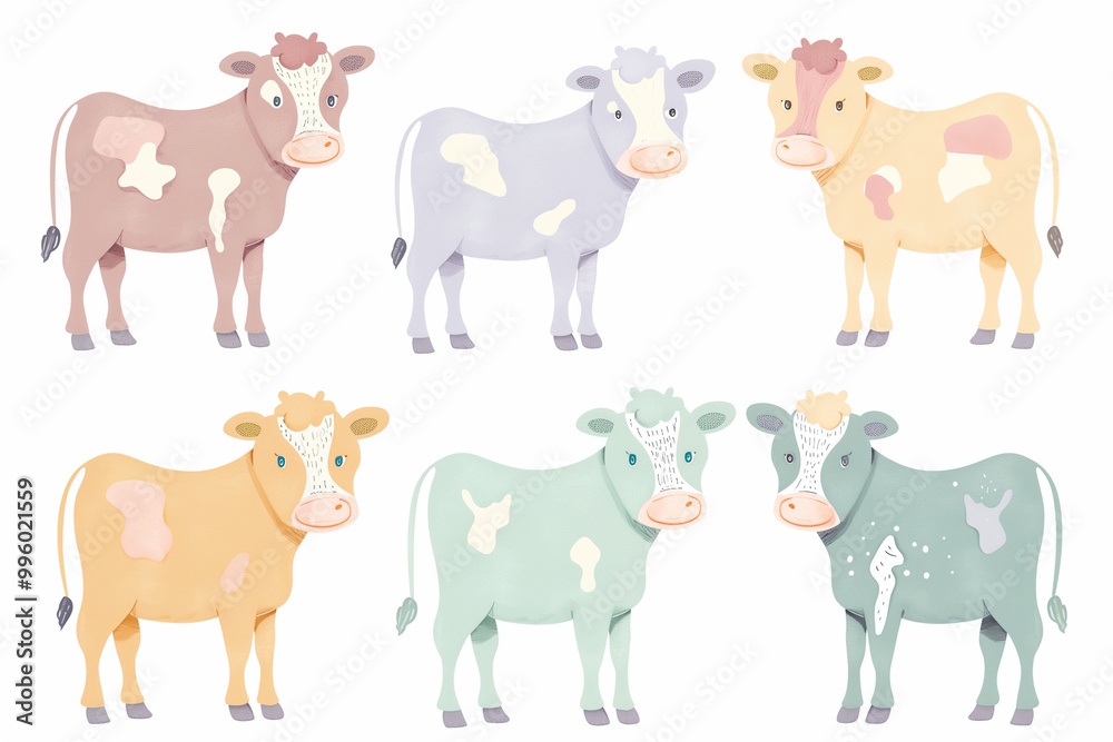 Set of 6 cows in various pastel colors Set of 6 cows in various pastel colors