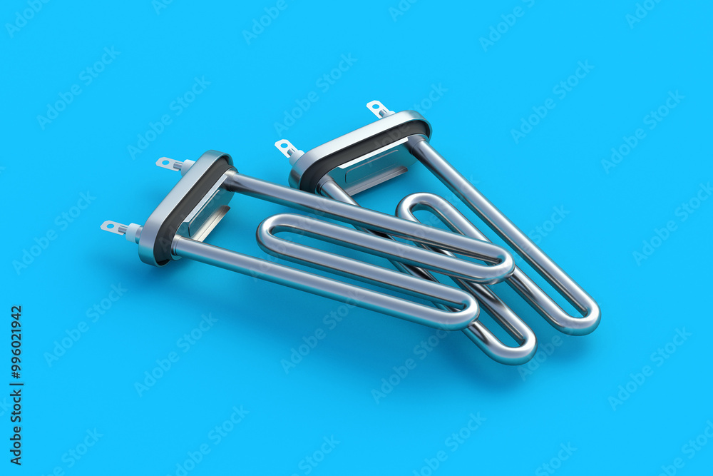 Two tubular electric heating elements on blue background. New spare part. 3d render Two tubular electric heating elements on blue background. New spare part. 3d render