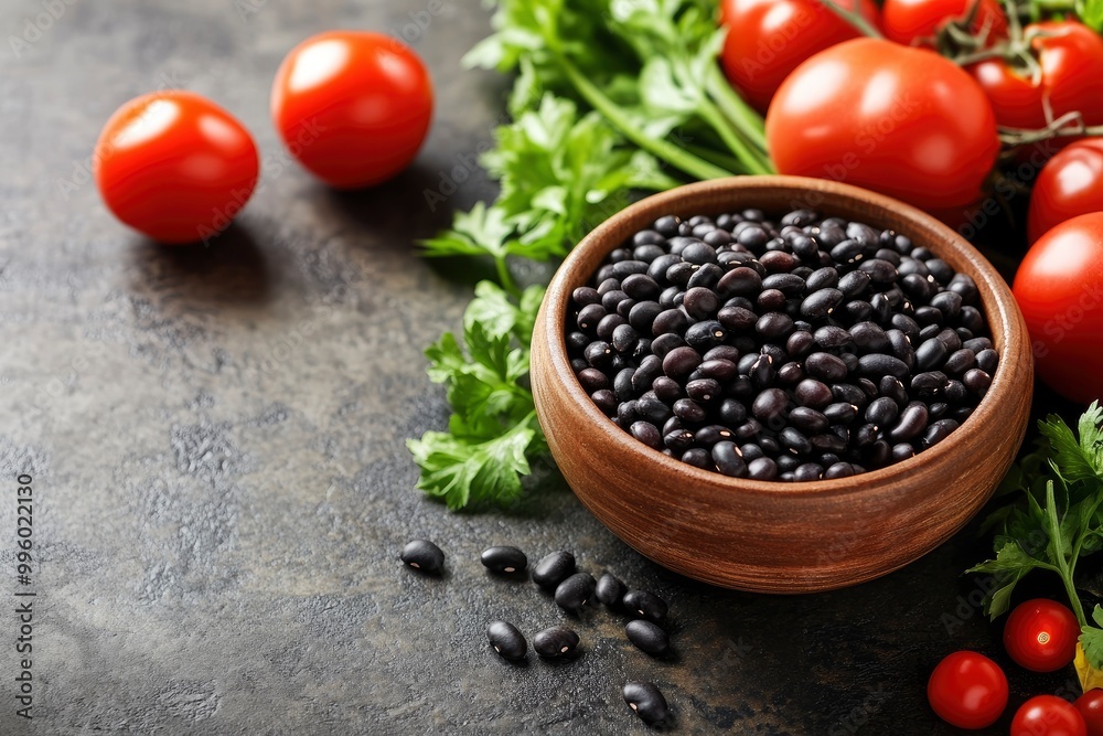 Frame of organic food. Fresh raw vegetables with black beans with generative ai Frame of organic food. Fresh raw vegetables with black beans with generative ai