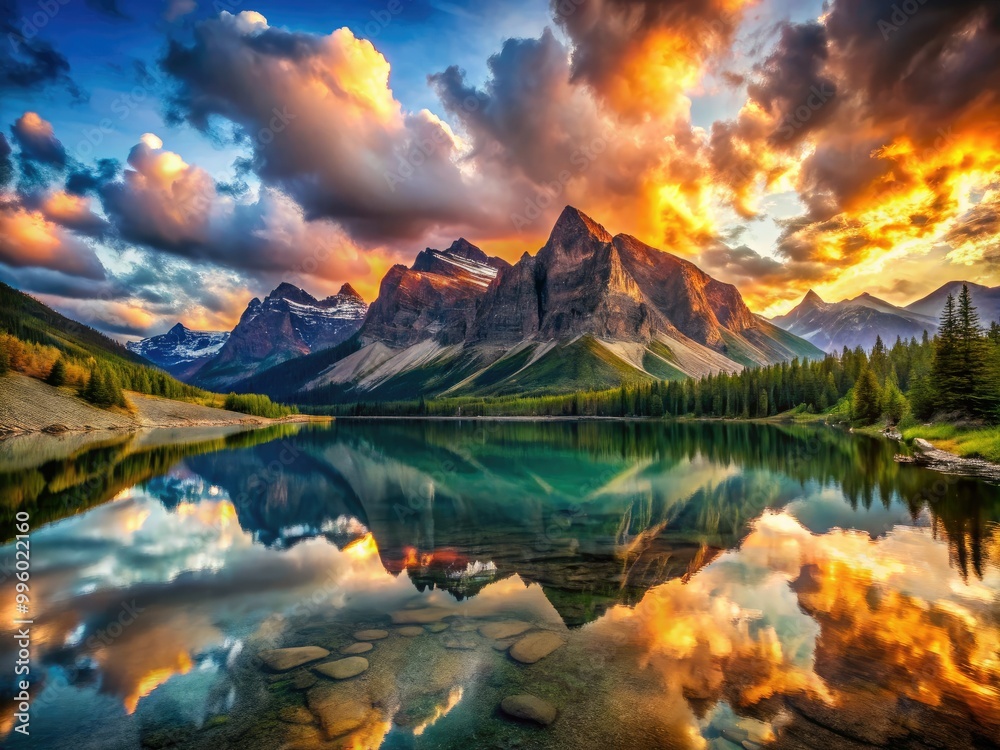 Obraz premium Majestic peaks rise under a stunning sunset sky, adorned with dramatic clouds, while a serene, reflective lake mirrors the breathtaking scene below. Nature’s artistry unveiled.