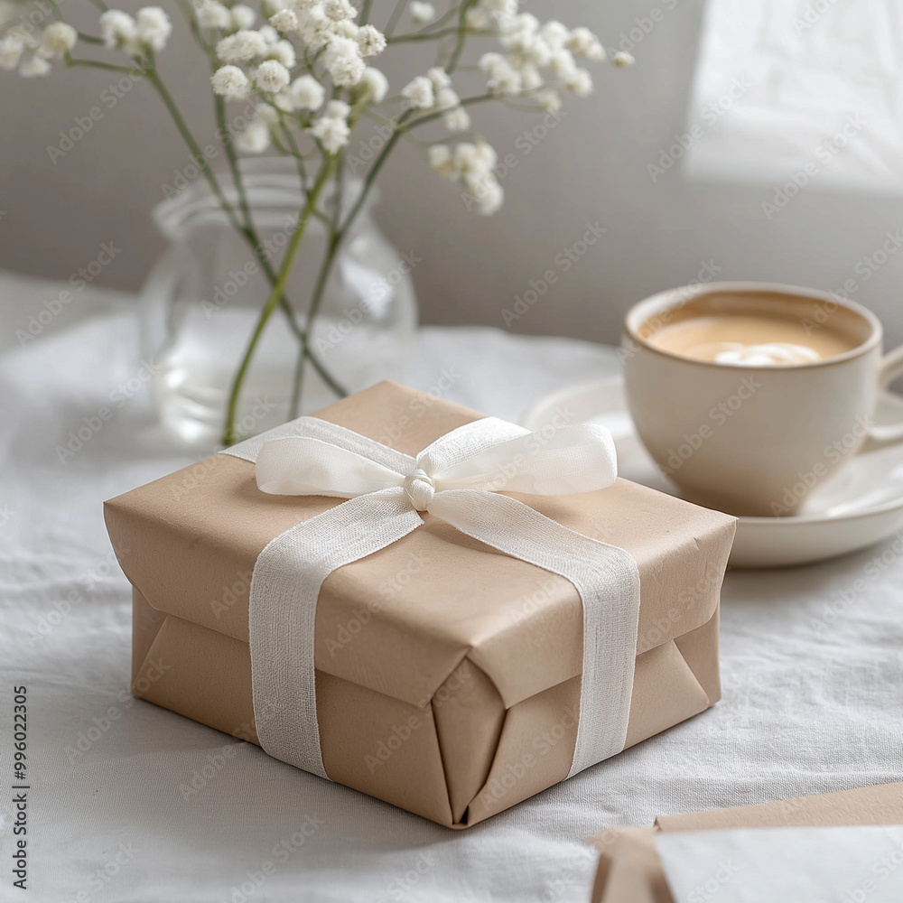 Natural beige gift boxes wrapped in brown paper. AI generation. Natural beige gift boxes wrapped in brown paper. AI generation.