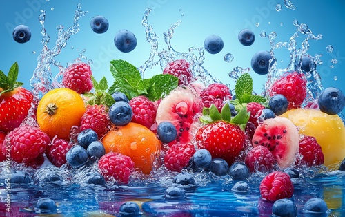 Fresh fruit splash on a blue background