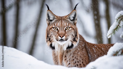 Close up view of graceful lynx amidst snowy forest landscape