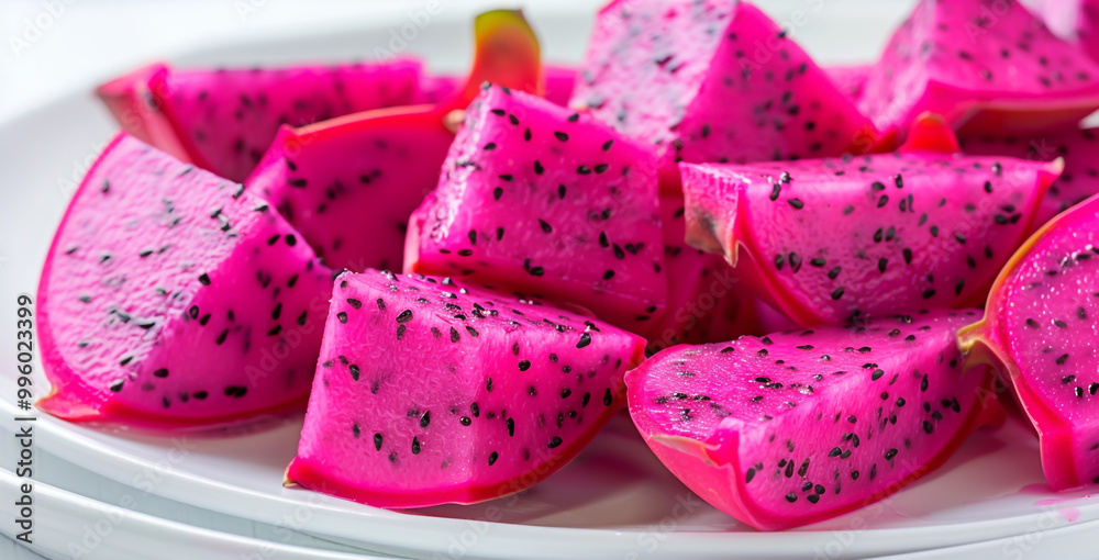 Image of dragon fruit with cut cubes on a white plate Image of dragon fruit with cut cubes on a white plate