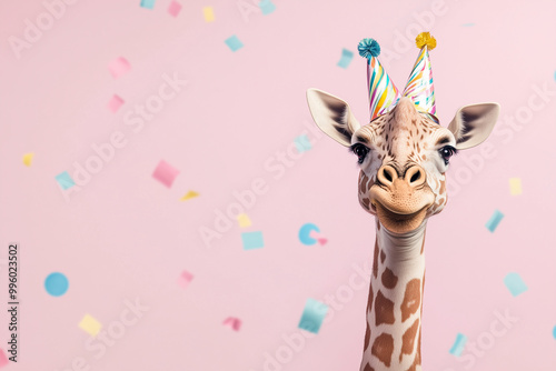 Creative animal concept with giraffe. Birthday party card, invite invitation banner 