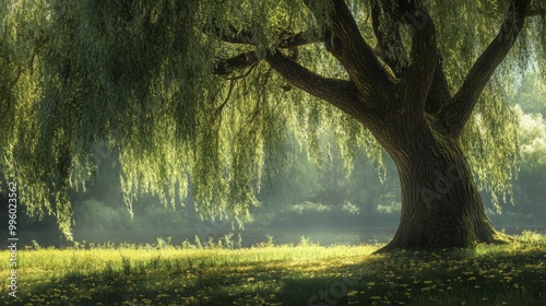 A large weeping willow tree stands tall on a sunny morning, its branches reaching down towards a field of yellow wildflowers.