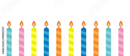 Happy Birthday candle set line banner. Different bright color. Striped burning candles with fire flame. Clip art elements for invitation, poster, birthday card. Flat design. White background. Vector