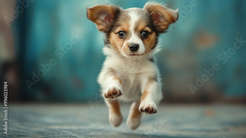 A Brown and White Puppy Leaping in Mid-Air photo