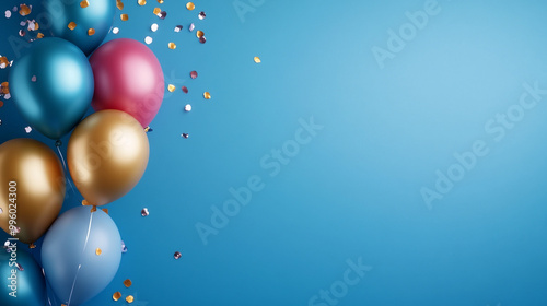 Colorful helium balloons, red and white, floating against a blue background, perfect for birthday parties or any festive celebration 