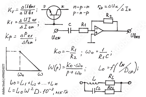 Physics, electronic engineering, mathematics equation and calculations, endless hand writing. Vector scientific and technology illustration on whiteboard.