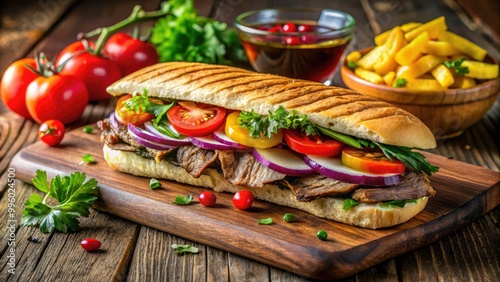 Indulge in a grilled lomito sandwich, filled with fresh vegetables and drizzled with savory sauce, presented beautifully on a rustic wooden table. photo