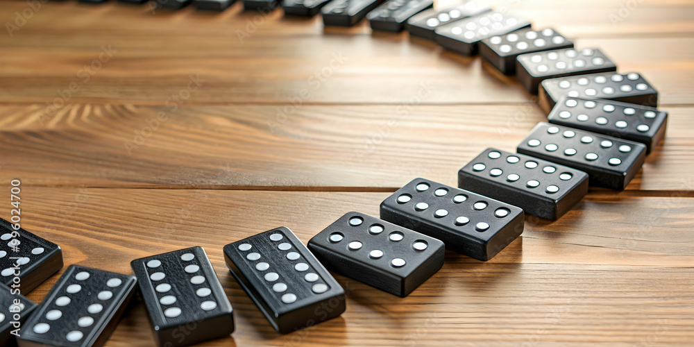 Black dominoes chain on wooden table background, dominoes, chain, black, tabletop, game, strategy, concept Black dominoes chain on wooden table background, dominoes, chain, black, tabletop, game, strategy, concept