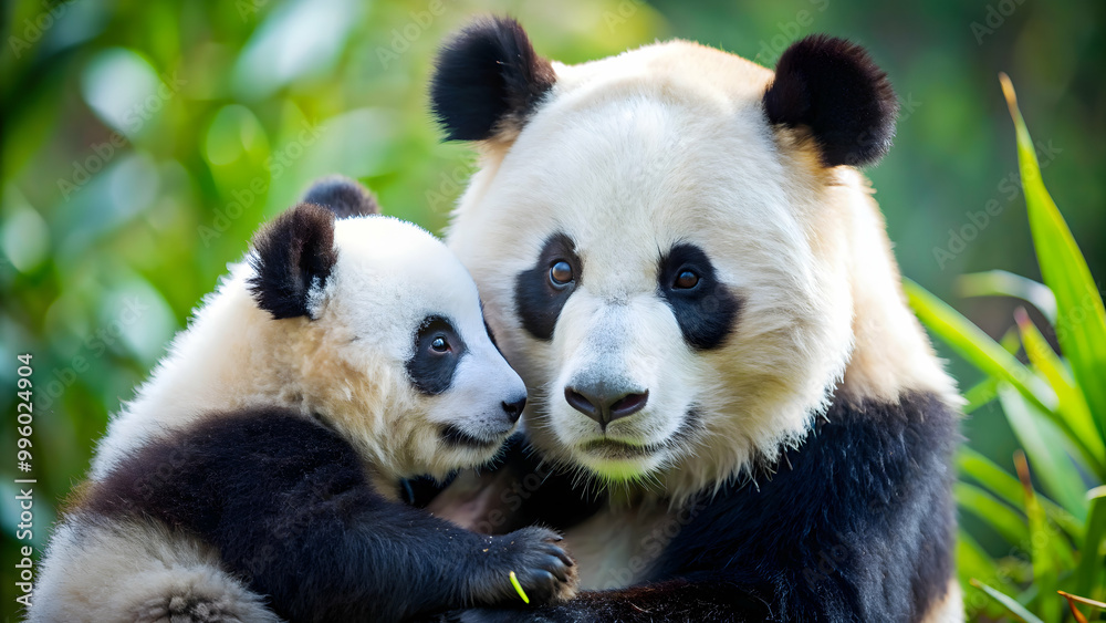 Obraz premium Loving mother panda bear caring for her adorable baby panda , wildlife, motherhood, parenting, nature, animals, love, cute