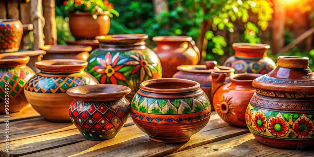 Handmade clay pots arranged on a rustic wooden table, bathed in warm, natural light, creating a cozy, inviting atmosphere that highlights their unique charm and texture. Handmade clay pots arranged on a rustic wooden table, bathed in warm, natural light, creating a cozy, inviting atmosphere that highlights their unique charm and texture.