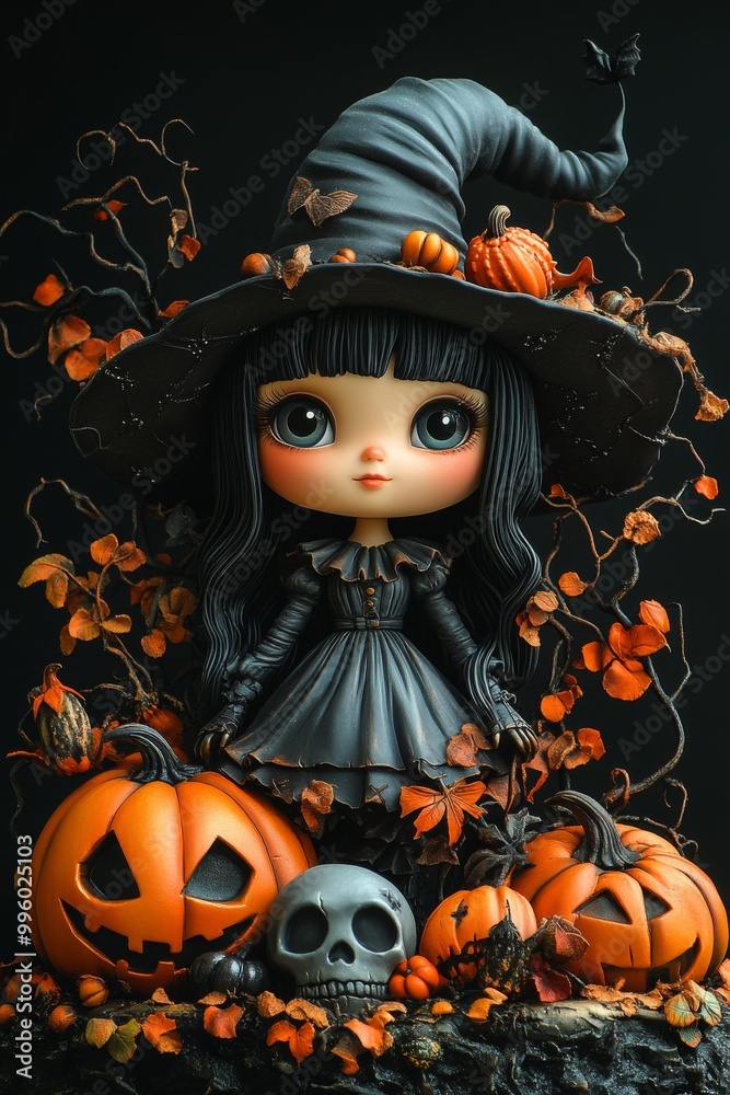 Adorable Halloween Witch Figures with Pumpkins and Skulls - Festive Fantasy Collection