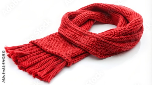 Red knitted wool scarf folded on a white background, representing winter fashion and warmth