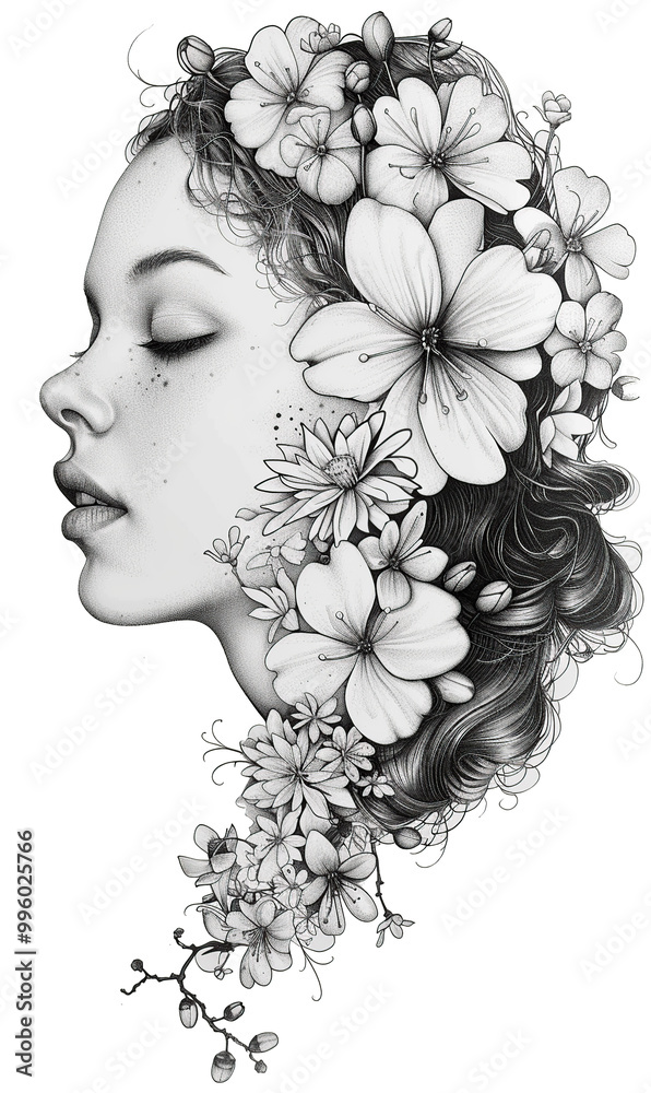 Drawing of a woman's face with flowers in her hair, tattoo, woman with flowers Drawing of a woman's face with flowers in her hair, tattoo, woman with flowers