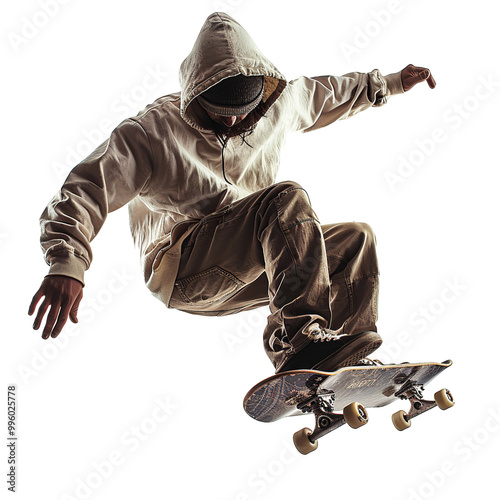 young man in hood jumping with skateboard