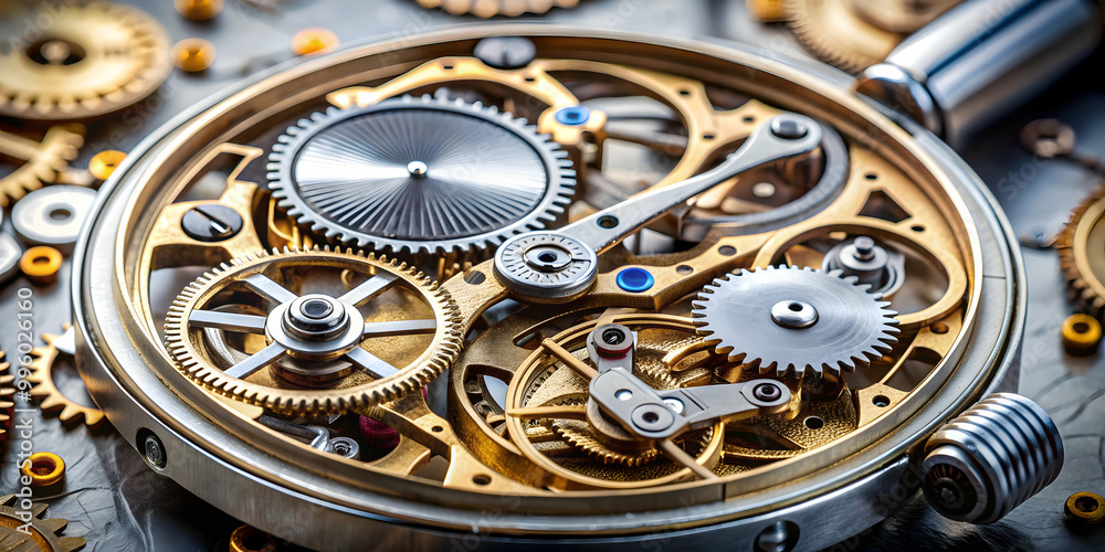 Close-up of disassembled watch mechanism, watch, gears, parts, disassembled, intricate, machinery, timepiece, mechanical Close-up of disassembled watch mechanism, watch, gears, parts, disassembled, intricate, machinery, timepiece, mechanical