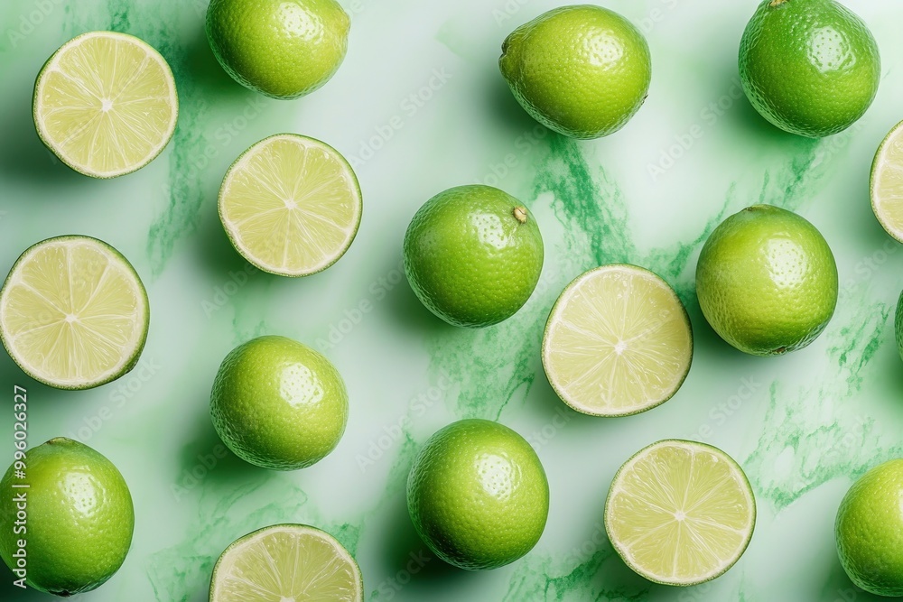 Fresh green limes overhead view - flat lay wit geneative ai Fresh green limes overhead view - flat lay wit geneative ai