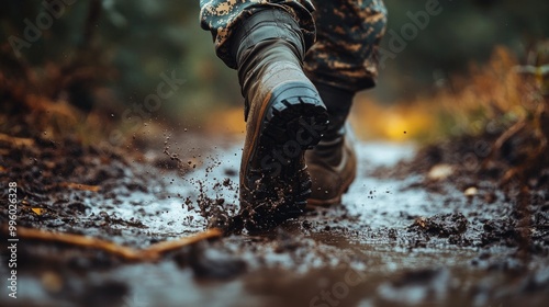 A boot splashes through mud. This image is perfect for illustrating a challenging environment.