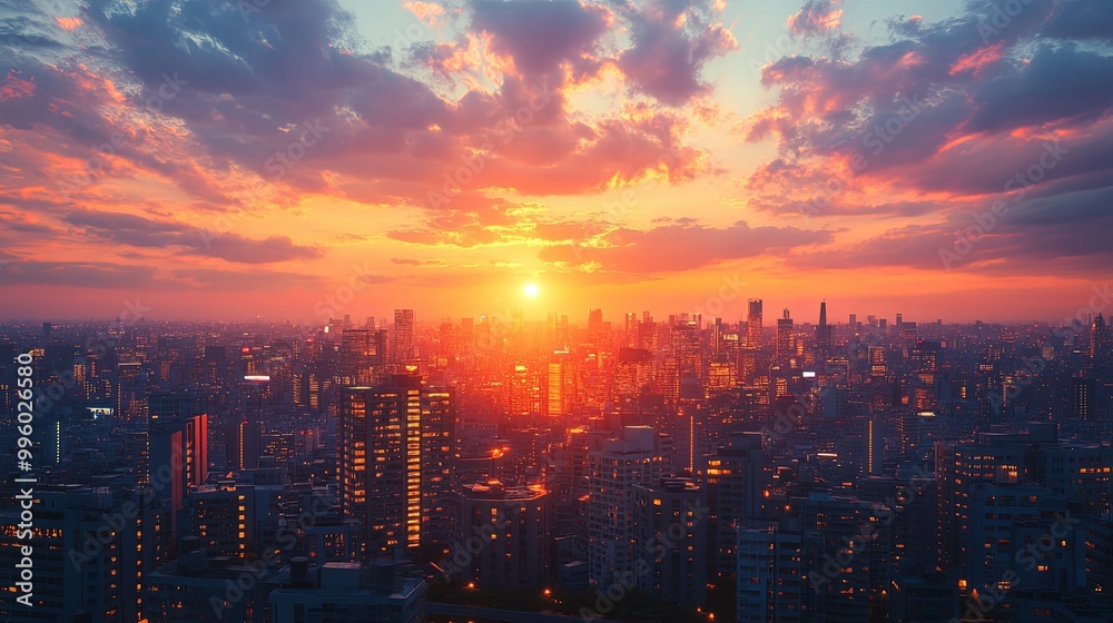 Fototapeta premium City Skyline with Sunset and Clouds in Orange and Purple Hues