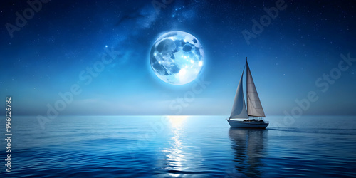 Sailboat gliding peacefully on a moonlit ocean , sailboat, night, magical, evening, ocean, moon, stars, serene, calm