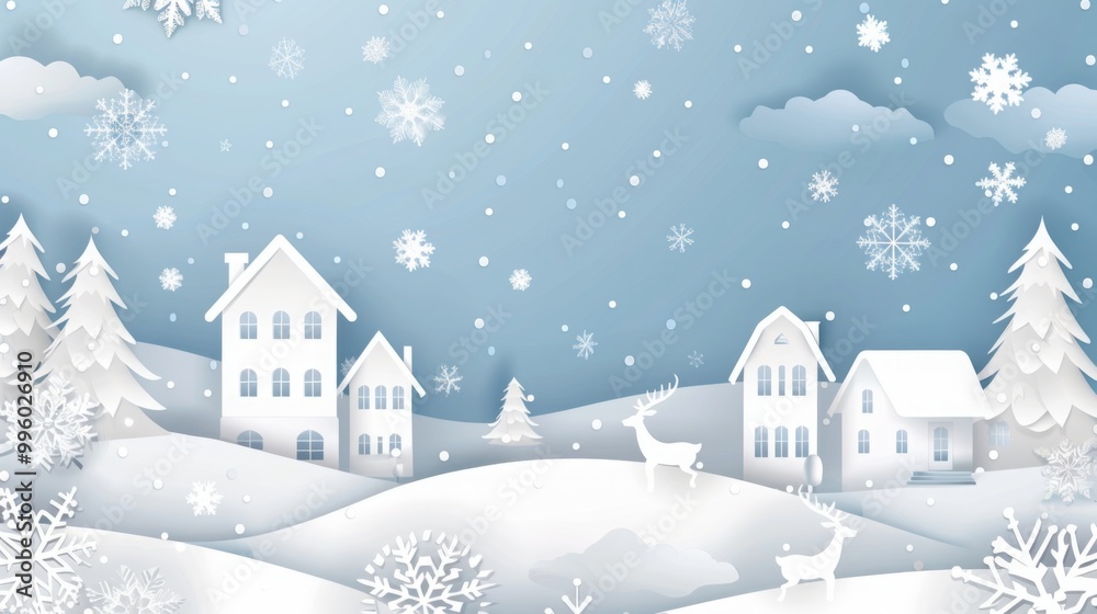 Elegant Paper Art Christmas Background with Falling Snowflakes, Houses, and Deer in Winter Landscape. Vector Illustration for New Year Card Template Design in White, Blue, and Pastel Colors. Elegant Paper Art Christmas Background with Falling Snowflakes, Houses, and Deer in Winter Landscape. Vector Illustration for New Year Card Template Design in White, Blue, and Pastel Colors.