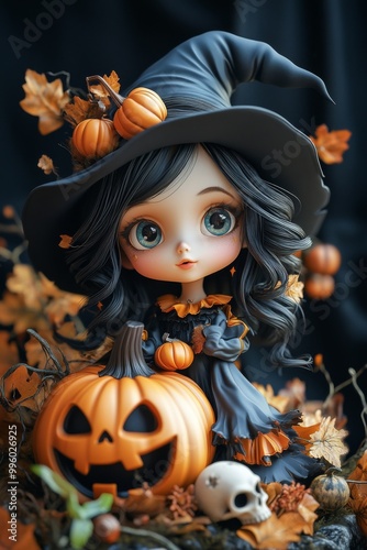 Adorable Halloween Witch Figures with Pumpkins and Skulls - Festive Fantasy Collection