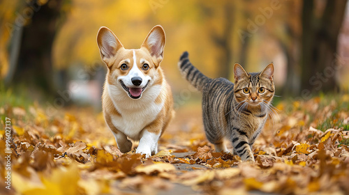 cute corgi dog and striped cat walk among golden fallen leaves in the autumn garden