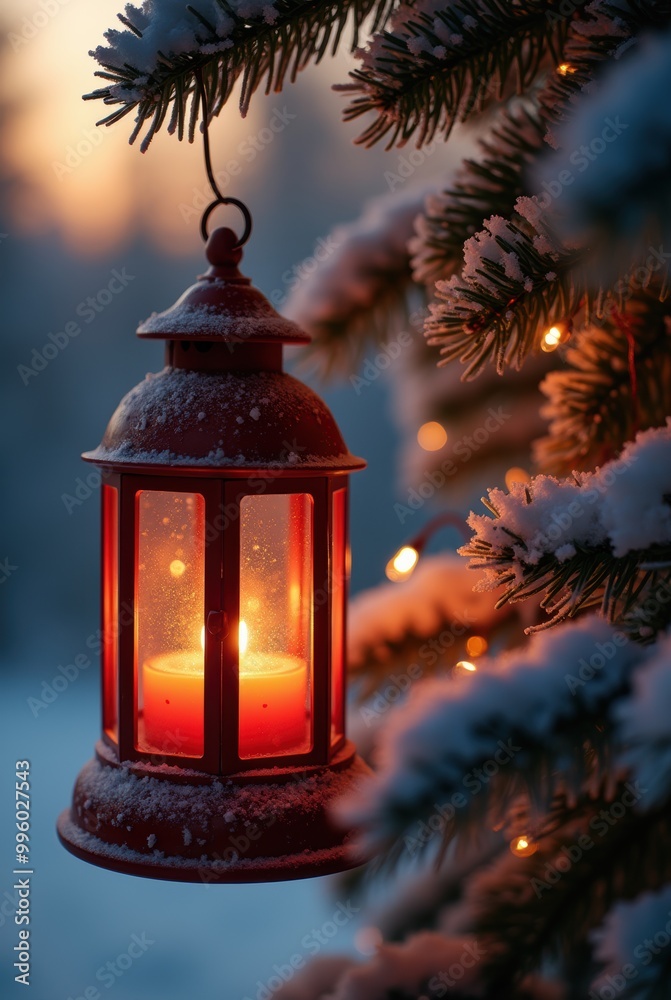 Snow-Covered Christmas Tree Branch with a Red Lantern Illuminating the Evening Snow-Covered Christmas Tree Branch with a Red Lantern Illuminating the Evening