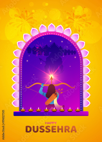 Beautiful Indian traditional festival background design with illustration of lord rama Killing Ravan.