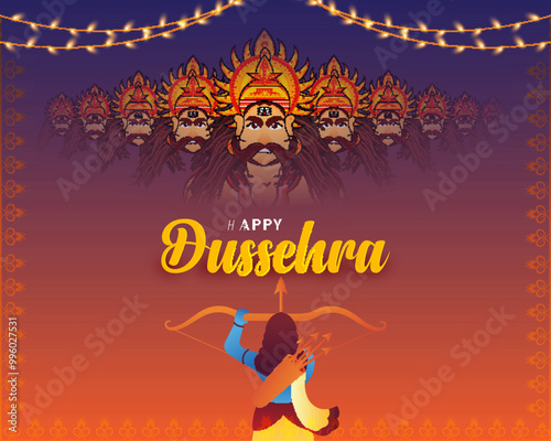 Happy Dusshera Indian festival vector design for banner, poster, web header and social media feed. Lord Rama killing Ravan.