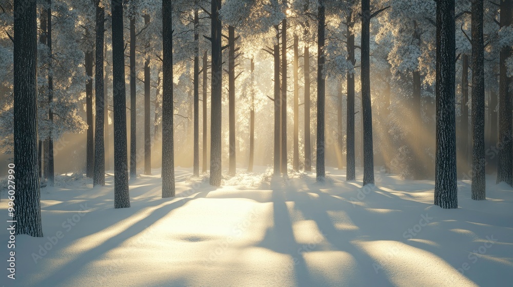 A peaceful winter forest with tall trees casting long shadows on the snow-covered ground, with soft light filtering through the branches. A peaceful winter forest with tall trees casting long shadows on the snow-covered ground, with soft light filtering through the branches.