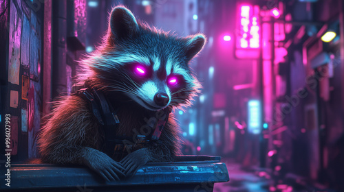 Cyberpunk Raccoon With Glowing Pink Eyes Wearing Tactical Gear In Neon City photo