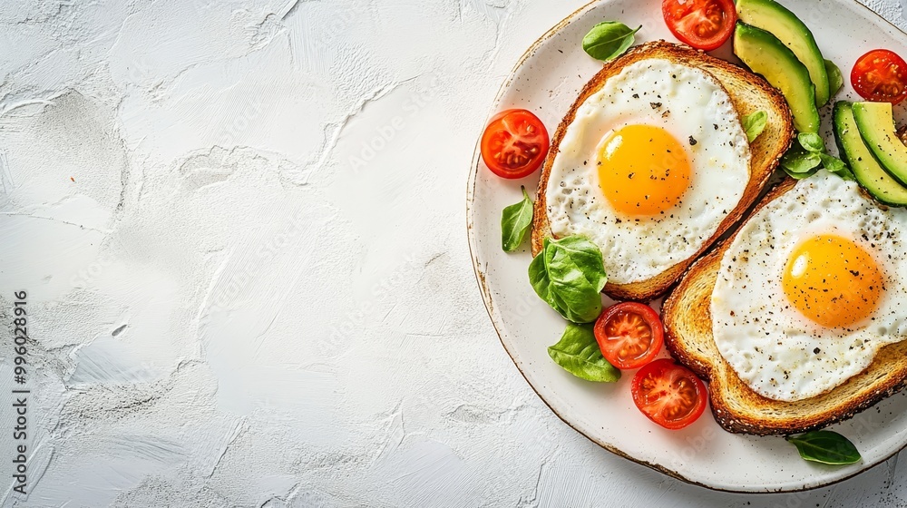 Healthy Breakfast Fried Eggs, Avocado, Cherry Tomatoes on Toast, White Background, Top View Healthy Breakfast Fried Eggs, Avocado, Cherry Tomatoes on Toast, White Background, Top View