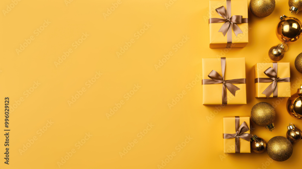 Top view of gifts, bows and Christmas decorations on a yellow background Top view of gifts, bows and Christmas decorations on a yellow background