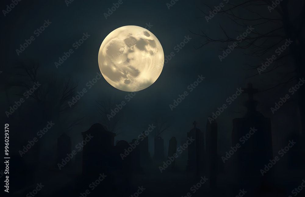 Photograph close to an abandoned and ruined cemetery with a huge full moon. Fog, smoke, dark tones, night time, moonlight and dark shadows. Photograph close to an abandoned and ruined cemetery with a huge full moon. Fog, smoke, dark tones, night time, moonlight and dark shadows.