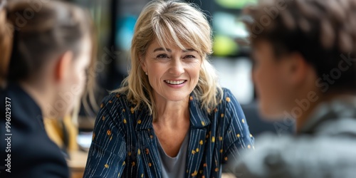 A woman with a smile on her face is sitting in front of two other people. The woman is wearing a blue shirt with a pattern on it