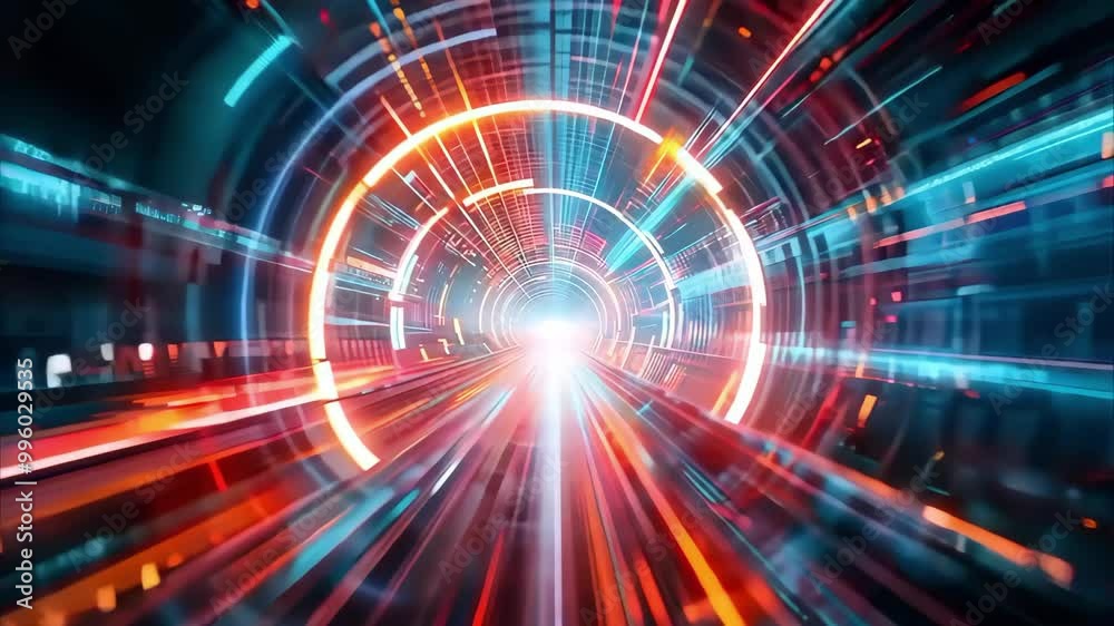 Abstract depiction of light trails creating a dynamic, colorful tunnel effect, suggesting motion and speed. Abstract depiction of light trails creating a dynamic, colorful tunnel effect, suggesting motion and speed.