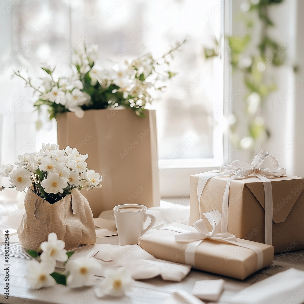 Natural beige gift boxes wrapped in brown paper. AI generation. Natural beige gift boxes wrapped in brown paper. AI generation.
