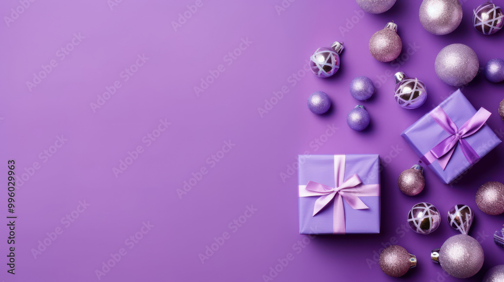 Top view of gifts, bows and Christmas decorations on a violet background Top view of gifts, bows and Christmas decorations on a violet background