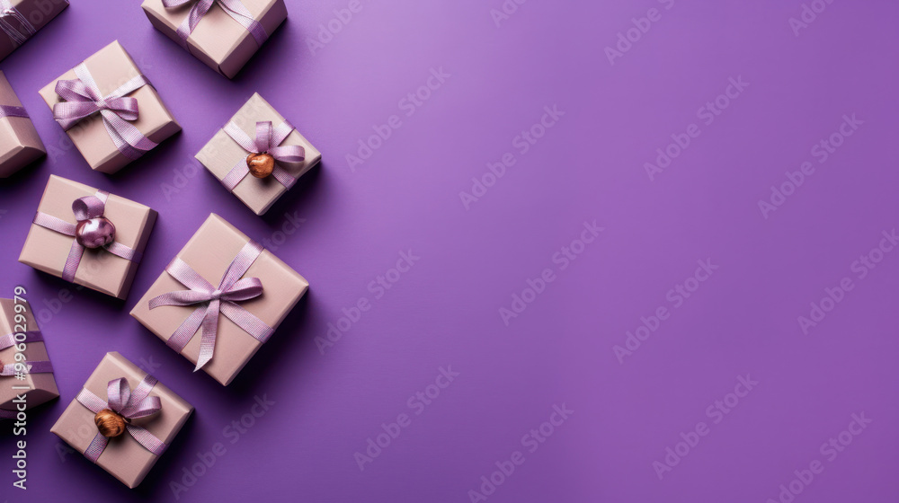 Top view of gifts, bows and Christmas decorations on a violet background Top view of gifts, bows and Christmas decorations on a violet background