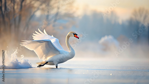 Elegant swan gracefully gliding through a serene snowy landscape , winter, waterfowl, nature, white, cold, graceful, beautiful