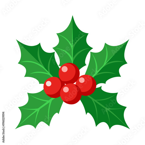Christmas mistletoe icon. Cartoon holly leaves and berries. Christmas holly berry leaves. Mistletoe icon. Christmas Holly berry icon. Vector illustration.