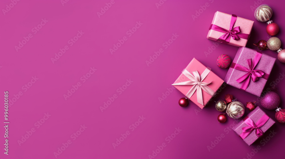 Top view of gifts, bows and Christmas decorations on a magenta background Top view of gifts, bows and Christmas decorations on a magenta background