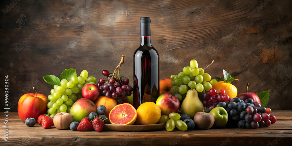 Still life photo featuring a bottle of wine surrounded by assorted fruits, wine, fruits, table, vase, grapes, apple, pear, plum Still life photo featuring a bottle of wine surrounded by assorted fruits, wine, fruits, table, vase, grapes, apple, pear, plum