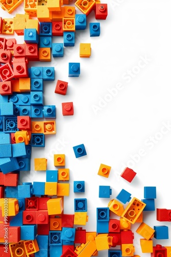 Colorful Toy Bricks Border. Childrens Building Blocks Isolated on White Background.