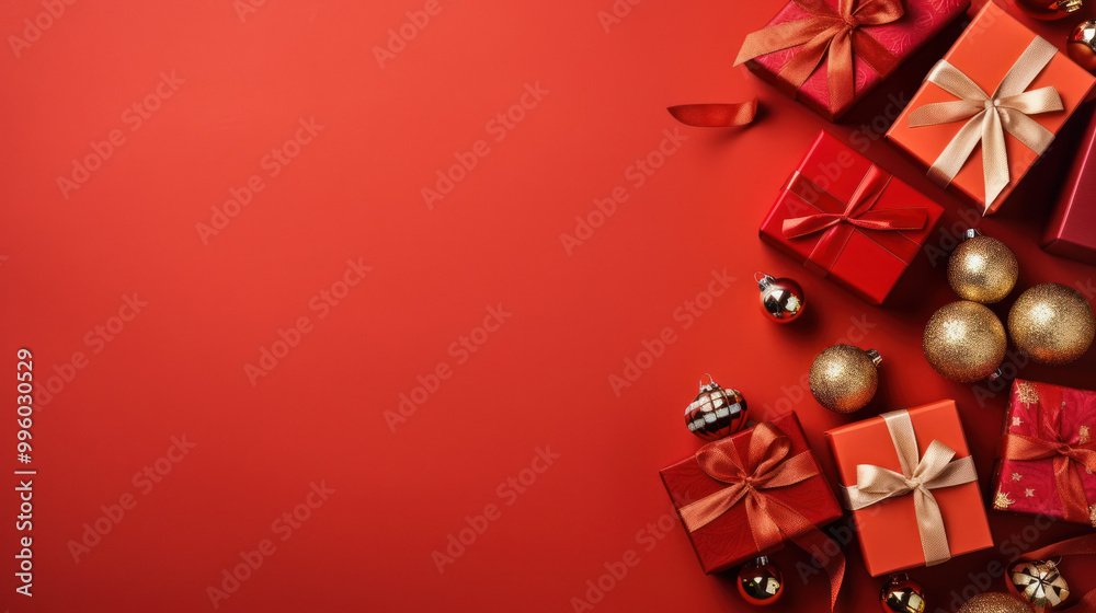 Top view of gifts, bows and Christmas decorations on a scarlet background